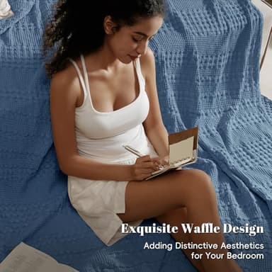 PHF 100% Cotton Waffle Weave Blanket Queen Size for Bed, Soft Lightweight & Breathable, All-Season Comfort, Luxury Aesthetic Woven Bedding for Home Decor, 90"x90", Captain's Blue - Image 4