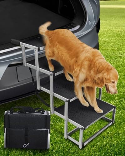 Foldable Dog Car Ramp for Large Dogs, 4 Steps Portable Large Steps for Car Truck SUV High Bed, Aluminum Dogs Stairs with Non-Slip Surface, Outdoor Dog Ramp Stairs Max Up to 200lbs - Image 1