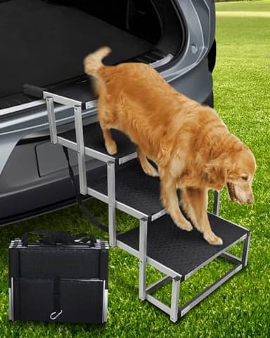 Foldable Dog Car Ramp for Large Dogs, 4 Steps Portable Large Steps for Car Truck SUV High Bed, Aluminum Dogs Stairs with Non-Slip Surface, Outdoor Dog Ramp Stairs Max Up to 200lbs - Image 1
