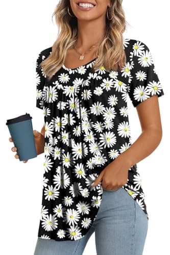 LONGYUAN Women's Casual Short Sleeve Tops Summer Loose Fitted Flowy Tunic Soft Cute Pleated Shirts Fl Large - Image 1