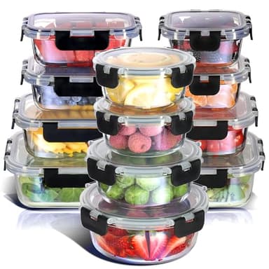 Nestl 24pc (12 Airtight, Freezer Safe Food Storage Containers and 12 Lids), Pantry Kitchen Storage Containers, Glass Meal Prep Container for Lunch, Glass Storage Containers with Lids Black - Image 1