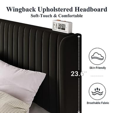 Allewie Queen Size Velvet Bed Frame/Vertical Channel Tufted Wingback Headboard/Upholstered Platform Bed/Strong Wooden Slats/No Box Spring Needed/Easy Assembly/Black - Image 4