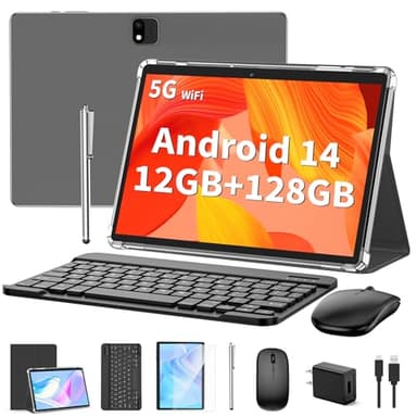 QDDQ Android Tablet with Keyboard, Android 14 Tablet, 12(6+6) GB+128GB, 1TB Expand, 2 in 1, Mouse, Stylus, 8000mAh Battery, 2.4G/5G WiFi, GPS, Certified, Black Case - Image 1