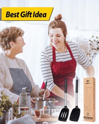 Pack of 2 Silicone Solid Turner, Non Stick Slotted Kitchen Spatulas, High Heat Resistant BPA Free Cooking Utensils, Ideal Cookware for Fish, Eggs, Pancakes(Black) - Image 7