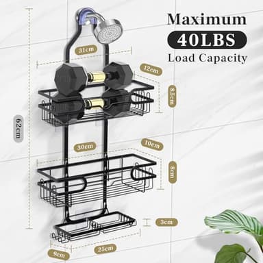Tonswachic Bathroom Hanging Shower Organizer,Large Hanging Shower Caddy with Hooks for Razor and Sponge Rustproof,Over The Shower Head Caddy with Soap Basket - Black, SC001A - Image 3