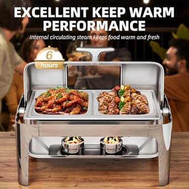YITAHOME 9 Qt Visible Roll Top Chafing Dish Buffet Set, Rectangular Stainless Steel Buffet Warmer Chafers, for Wedding, Parties, Banquet, Catering Events (1 Full Size & 2 Half-Size) - Image 4