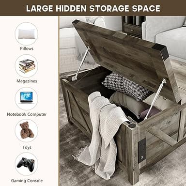 jimeimen Farmhouse Lift Top Coffee Table with Storage, Wood Square Center Table with Charging Station&USB Port, Living Room Table w/Large Hidden Space, for Living Room, Bedroom, Home Office, Grey - Image 3