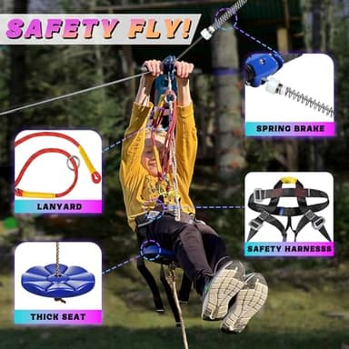 Zipline for Kids and Adult, Zip line Kits for Backyard with Stainless Steel Spring Brake, Cable Tensioning Kit, Safety Harness, 2 Tree Protectors and Full Set of Zip line Accessories - Image 4