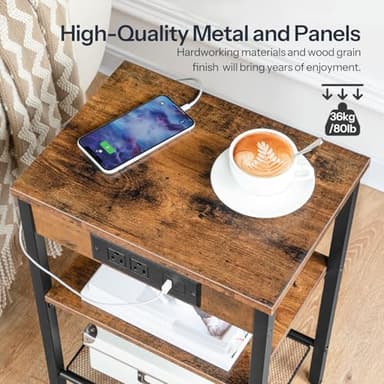 HOOBRO Side Table with Charging Station and USB Port, Small End Table for Small Space, 3-Tier Nightstand with Adjustable Shelf, for Living Room, Bedroom and Balcony, Rustic Brown BF112BZ01 - Image 7