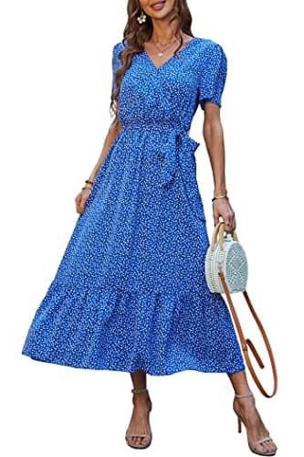 PRETTYGARDEN Women's 2024 Floral Boho Dress Wrap V Neck Short Sleeve Belted Ruffle Hem A-Line Flowy Maxi Dresses (Blue Floral,Large) - Image 1