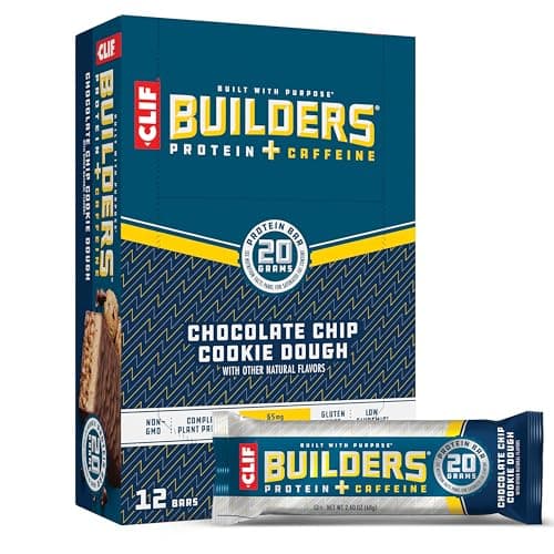 CLIF BUILDERS + Caffeine Protein Bars - Chocolate Chip Cookie Dough Flavor - 20g Plant Based Protein - Gluten Free - Non-GMO - Low Glycemic - No Artificial Sweeteners - 2.4 oz. (12 Pack) - Image 1