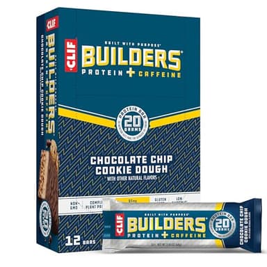 CLIF BUILDERS + Caffeine Protein Bars - Chocolate Chip Cookie Dough Flavor - 20g Plant Based Protein - Gluten Free - Non-GMO - Low Glycemic - No Artificial Sweeteners - 2.4 oz. (12 Pack) - Image 1