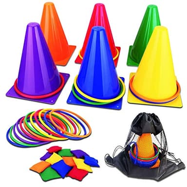 unanscre 31PCS 3 in 1 Carnival Outdoor Games Combo Set for Kids, Soft Plastic Cones Bean Bags Ring Toss Game, Gift for Birthday Party/Xmas - Image 1