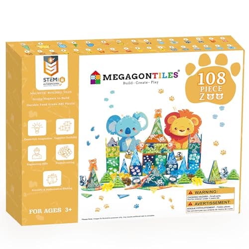 MEGAGONTILES 108 PCS Zoo Animals Magnetic Tiles Set,Magnet Building Blocks Farm World Toys,STEM AUTHENTICATED,Magnetic Animals for Kids Age 3 4 5 6 7 8 Toddlers Boys Girls - Image 1
