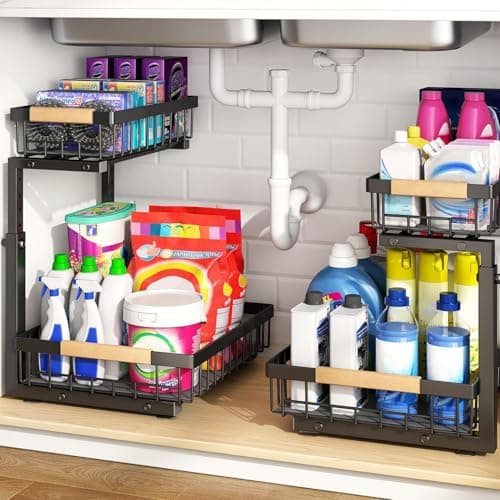 PXRACK 2 PACK Under Sink Organizer,Adjustable Height,2 Tier Pull Out Under Cabinet Organizer,Thickened Metal Shelf,Slide Out Under Sink Storage for Kitchen Bathroom Cabinet Laundry - Image 1