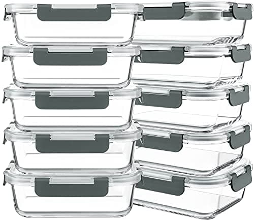KOMUEE 10 Packs 30 oz Glass Meal Prep Containers,Glass Food Storage Containers with Lids,Airtight Lunch Bento Boxes,Microwave,Freezer and Dishwasher,Gray - Image 1