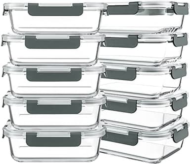 KOMUEE 10 Packs 30 oz Glass Meal Prep Containers,Glass Food Storage Containers with Lids,Airtight Lunch Bento Boxes,Microwave,Freezer and Dishwasher,Gray - Image 1