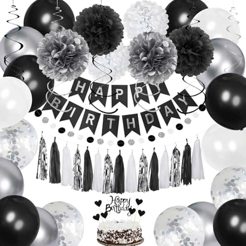 YGYXMY Birthday Decorations for Men, Black and Silver Happy Birthday Party Decorations, Black and White Party Supplies - Banner, Balloons, Tissue Pompoms, Swirls, Tassels Garland - Image 1