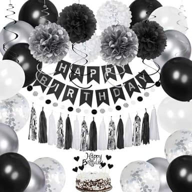 YGYXMY Birthday Decorations for Men, Black and Silver Happy Birthday Party Decorations, Black and White Party Supplies - Banner, Balloons, Tissue Pompoms, Swirls, Tassels Garland - Image 1