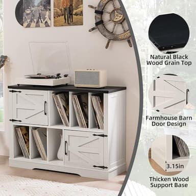 Joaxswe Large Record Player Stand with Vinyl Storage Up to 450 Albums, 39 Inch Farmhouse Rustic Wood White Storage Cabinet with Barn Doors, Vintage Mid-Century Turntable Stand for Bedroom, Living Room - Image 6