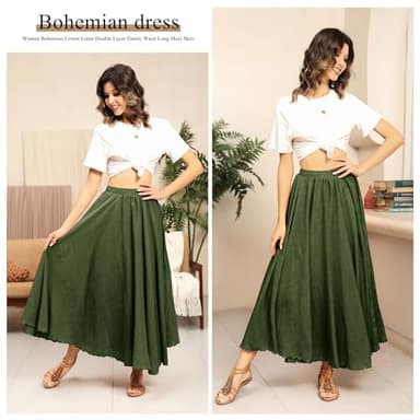 Ezcosplay Women Boho Maxi A Line Skirt Elastic Waist Summer Bohemian Flowy Long Beach Swing Skirts Army Green - Image 5