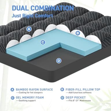 Dual Layer 3 Inch Memory Foam Mattress Topper California King Size, 2 Inch Gel Memory Foam Plus 1 Inch Cooling Pillow Top Mattress Pad Cover, with 8-21 Inch Deep Pocket, Black - Image 2