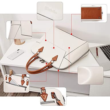 BOSTANTEN Briefcase for Women Leather 15.6 inch Laptop Shoulder Bag Office Work Crossbody Handbag Beige-White - Image 6