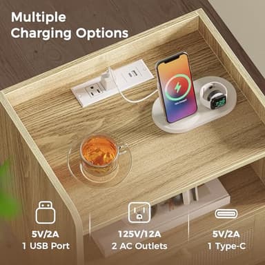 SUPERJARE Nightstands Set of 2, Night Stands with Charging Station & PE Rattan Decor Drawer, Bed Side Tables with Solid Wood Feet, End Table, for Bedroom, Living Room - Natural - Image 4