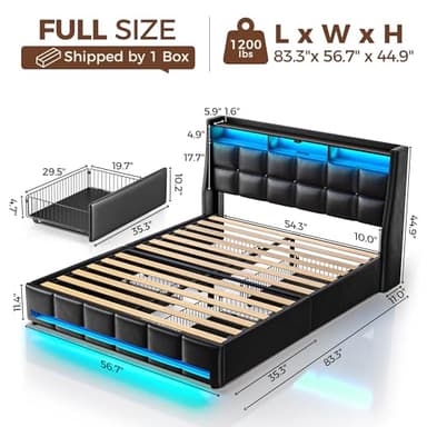 Rolanstar Full Size Bed Frame with LED Lights and Charging Station, PU Leather Bed Storage Headboard & Drawers, Heavy Duty Wood Slats, Easy Assembly, Black - Image 2