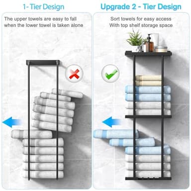 Towel Rack for Bathroom, Wall Mounted Vertical Rolled Towel Storage Organizer Holder with Shelf, Holds Up 6 Large Bath Sheets, Black Large Size - Image 5