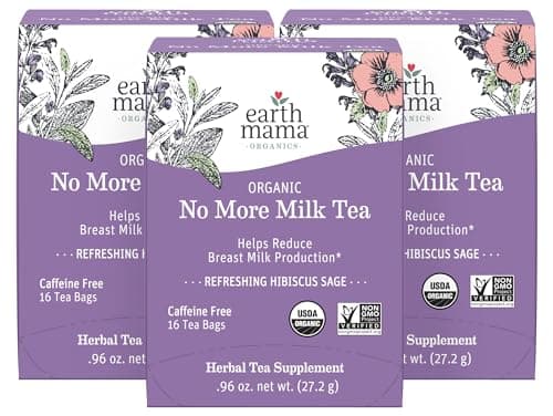 Earth Mama No More Milk Tea | Organic Herbal Tea Bags to Reduce Breast Milk Production, Stop Breastfeeding, & Wean Lactation Naturally, Postpartum Essentials, Hibiscus & Sage Decaf Tea (16-Count, 3PK)