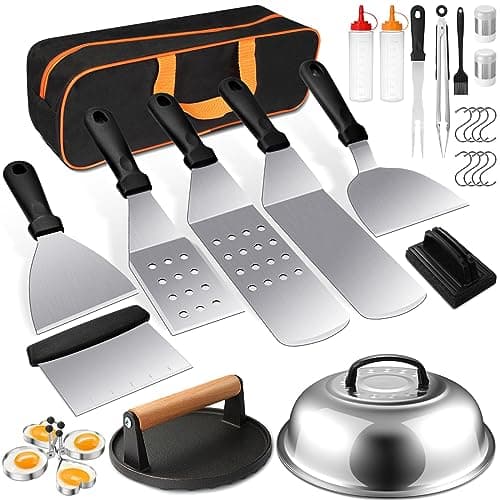 Griddle Accessories Kit, Terlulu 29 PCS Flat Top Grill Accessories for Blackstone and Camp Chef, Metal Spatula Set with Burger Press, Melting Dome, Scraper, Tongs, Carry Bag for Outdoor Grilling BBQ - Image 1