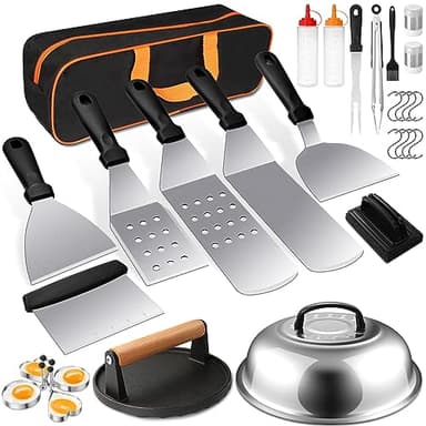 Griddle Accessories Kit, Terlulu 29 PCS Flat Top Grill Accessories for Blackstone and Camp Chef, Metal Spatula Set with Burger Press, Melting Dome, Scraper, Tongs, Carry Bag for Outdoor Grilling BBQ - Image 1