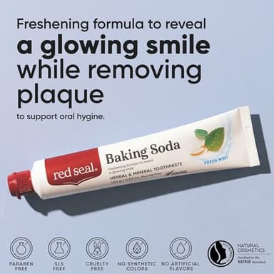 Red Seal Baking Soda Toothpaste - Fluoride-Free Herbal & Mineral Formula, Vegan-Friendly, Cruelty-Free, SLS and Paraben-Free, No Artificial Flavors, NATRUE Certified Natural, Dry Mouth Relief (2 Pack) - Image 2