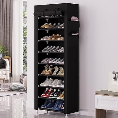 Calmootey 9 Tier Shoe Rack Organizer,Portable Shoe Shelf with Nonwoven Fabric Cover for Closet Hallway,Bedroom,Entryway,Black - Image 2