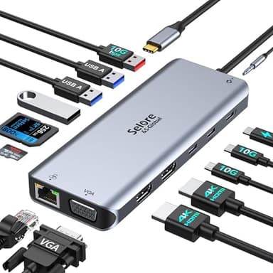 Selore USB C Docking Station Dual Monitor,LaptopDocking Station,14 in 1 Docking Station 3 Monitors with 2 HDMI,VGA,10G USB A/C,100W PD,6 USB A/C Ports,USB C Hub Multiport Adapter for Windows Laptop - Image 2