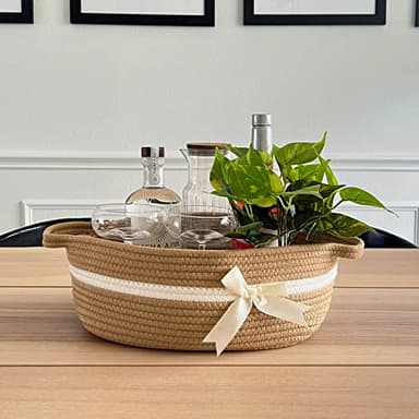 CHICVITA Small Woven Rope Gift Basket, Baby Nursery Storage Baskets for Towels, Snacks, Toys, Diapers, Rectangle Shelf Baskets for Bathroom, Cute Brown Basket, 13 x 9.8 x 5 inches - Image 4