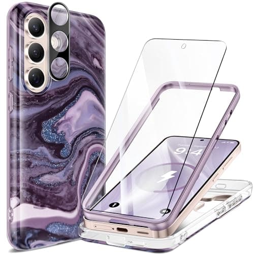 GVIEWIN Magnetic for Samsung Galaxy S25 Plus Case [Compatible with MagSafe] [AI-Tested Dropproof] Marble with Camera Lens+Screen Protector Shockproof Phone Cover for S25+ Plus (Quicksand/Purple) - Image 1
