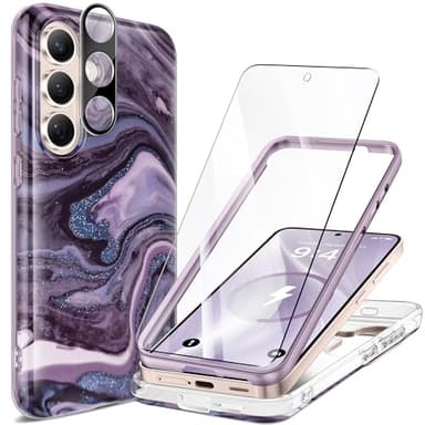 GVIEWIN Magnetic for Samsung Galaxy S25 Plus Case [Compatible with MagSafe] [AI-Tested Dropproof] Marble with Camera Lens+Screen Protector Shockproof Phone Cover for S25+ Plus (Quicksand/Purple) - Image 1