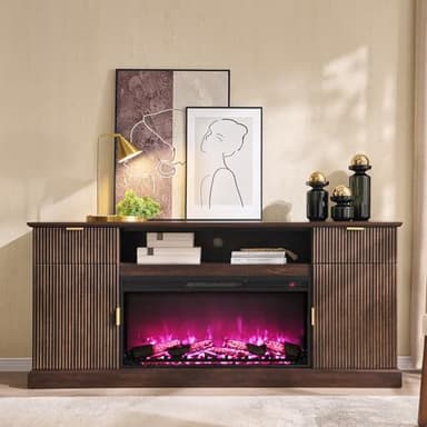IFGET Modern Fluted Fireplace TV Stand with 36" Electric Fireplace for 80 Inch TV, 31" Tall Entertainment Center with 2 Drawers and Adjustable Shelves, Wood Media Console for Living Room, Brown - Image 7