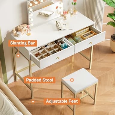 SUPERJARE 35.4" White and Gold Desk with 2 Drawers, Modern Makeup Vanity with Padded Stool, Small Computer Desk Home Office Desk for Writing Study Bedroom - Image 6