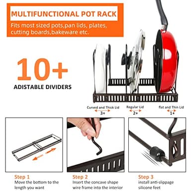 Pot Rack Organizer -Expandable Pot and Pan Organizer for Cabinet,Pot Lid Organizer Holder with 10 Adjustable Compartment for Kitchen Cabinet Cookware Baking Frying Rack,Bronze - Image 5