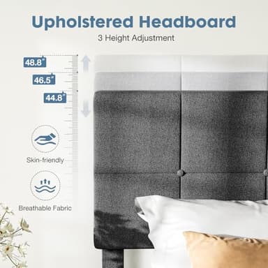 DUMOS Queen Bed Frame with Headboard, Wood Queen Platform Bed No Box Spring Needed, Fabric Upholstered Bed Frame with Adjustable Headboard, 800LBS Support,Noise Free, Dark Grey - Image 3