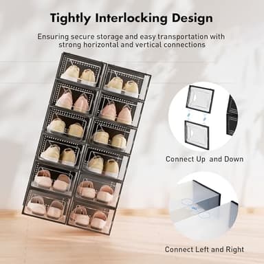 Foluck Shoe Storage Box, 15 Pack Clear Plastic Stackable Shoe Organizer for Closet, Interlocking Design for Sneakers, Foldable Shoes Container Rack with Lids, Black - Image 3