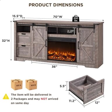 JXQTLINGMU Fireplace TV Stand for 80 Inch TV, Farmhouse Entertainment Center with 36" Fireplace, Modern Media Console with Sliding Barn Door & Storage Drawers for Living Room, Grey - Image 2