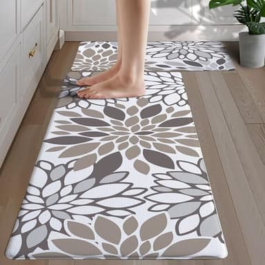 Cusugbaso Anti Fatigue Kitchen Mats, Cushioned Boho Farmhouse Kitchen Rugs Set of 2 - Brown Bohemian Decor - Non Slip PVC Comfort Standing Desk Mats for Floor, Office, Laundry 17"x27"+17"x47" - Image 1
