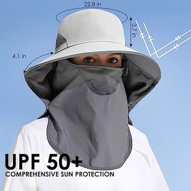 Outdoor Sun Hat Detachable Neck Face Flap UPF 50+UV Protection Visor Fishing Hats with Neck Flap for Men & Women Light Grey - Image 6