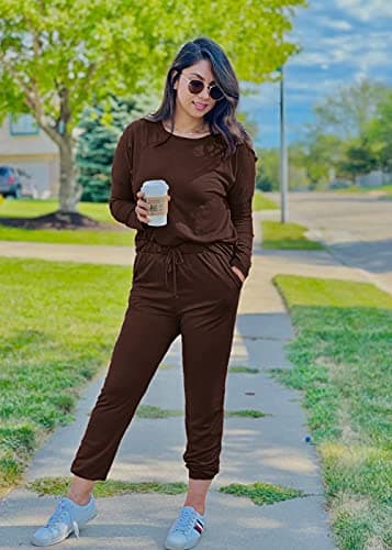 PRETTYGARDEN Women Fall 2 Piece Lounge Outfit Long Sleeve Tops High Waisted Jogger Pants Set Spring Travel Clothes Tracksuit (Brown,Medium) - Image 5