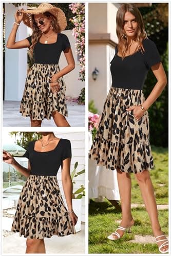 Newshows Summer Work Dresses for Women 2025 Short Sleeve Square Neck Modest Teacher Outfits Dresses Casual Beach Church Funeral A-Line Ruffle Sundress Trendy with Pockets(Leopard Black Floral,M) - Image 2