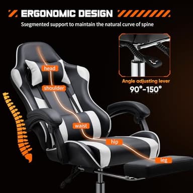 DUMOS Ergonomic Gaming Desk Chair - PU Leather Recliner with Footrest, Lumbar Support, Headrest, Fixed Armrests, Height Adjustable, 360° Swivel, White, for Adults - Image 4